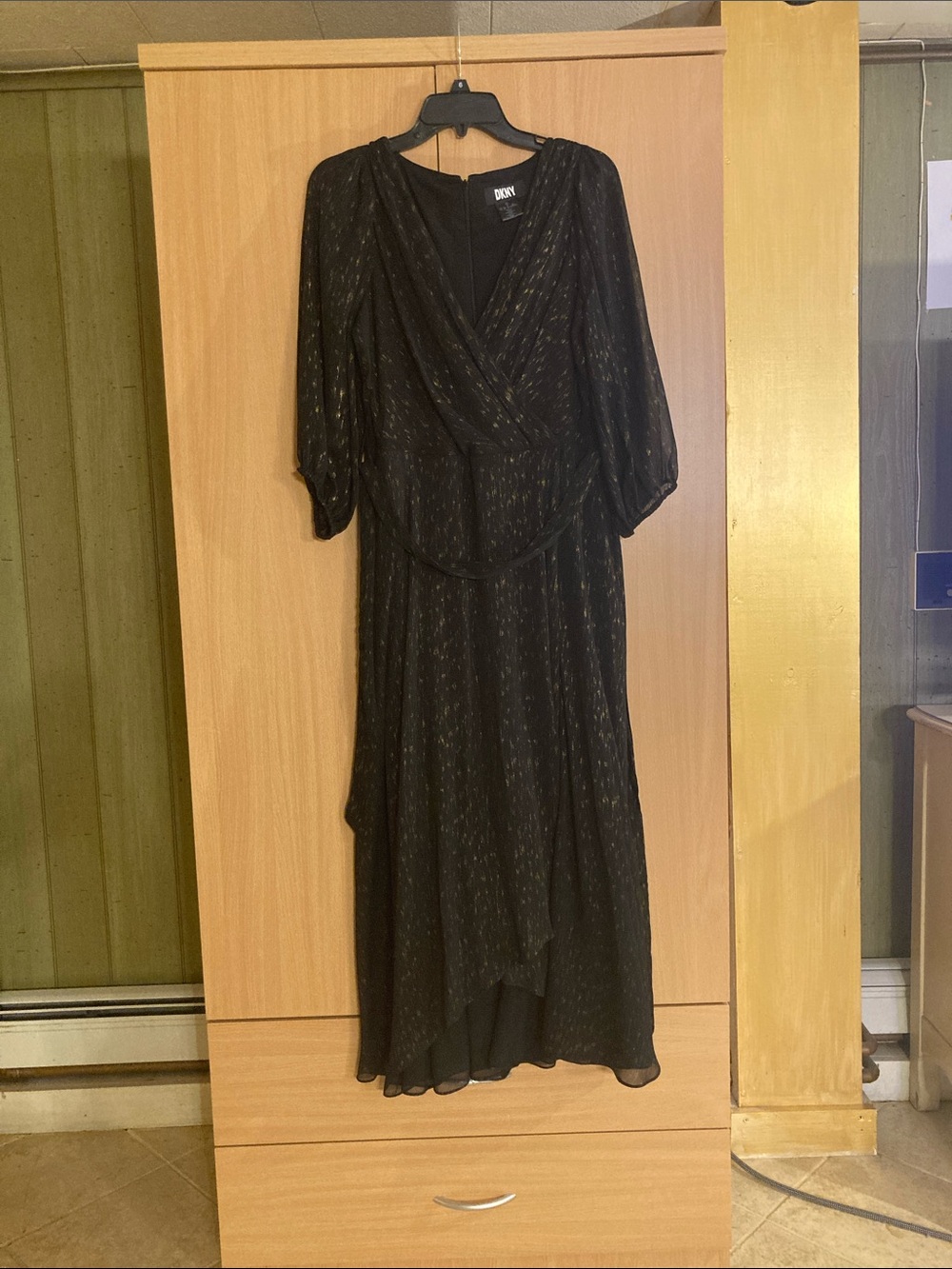 DKNY Black Belted Faux Wrap Maxi Dress with Gold Metallic Fleck